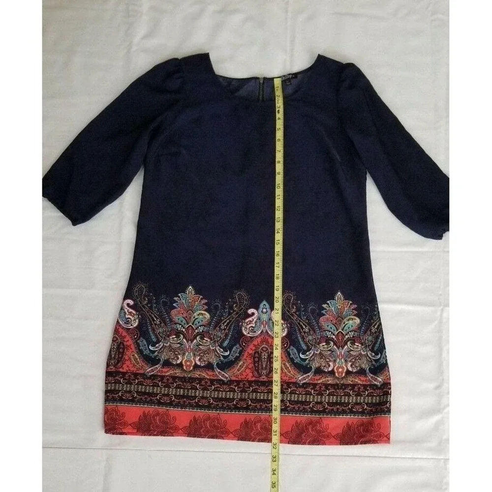 Bebop Women's Navy Blue/Multicolor 3/4 Sleeve Paisley Print Shift Dress Sz Large